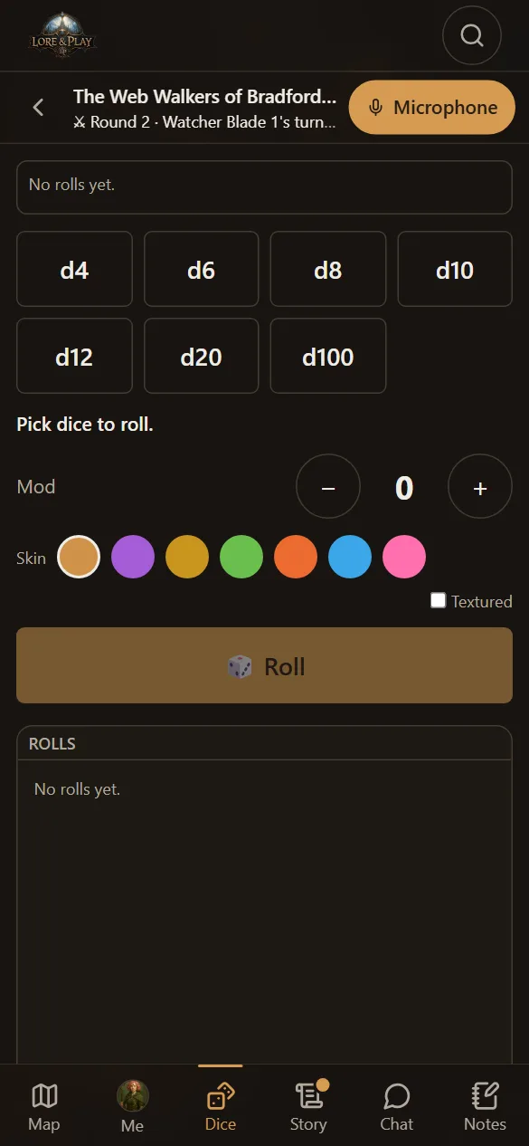 The Dice tab: pick the dice, set a modifier and a skin, and roll.