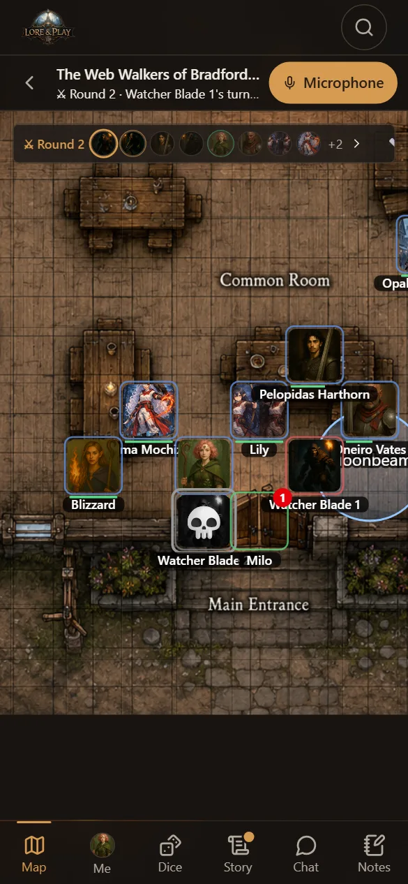 The live table on Maria's phone during the ambush: round 2, Watcher Blade 1's turn, the map with every token's name — and the tabs along the bottom.
