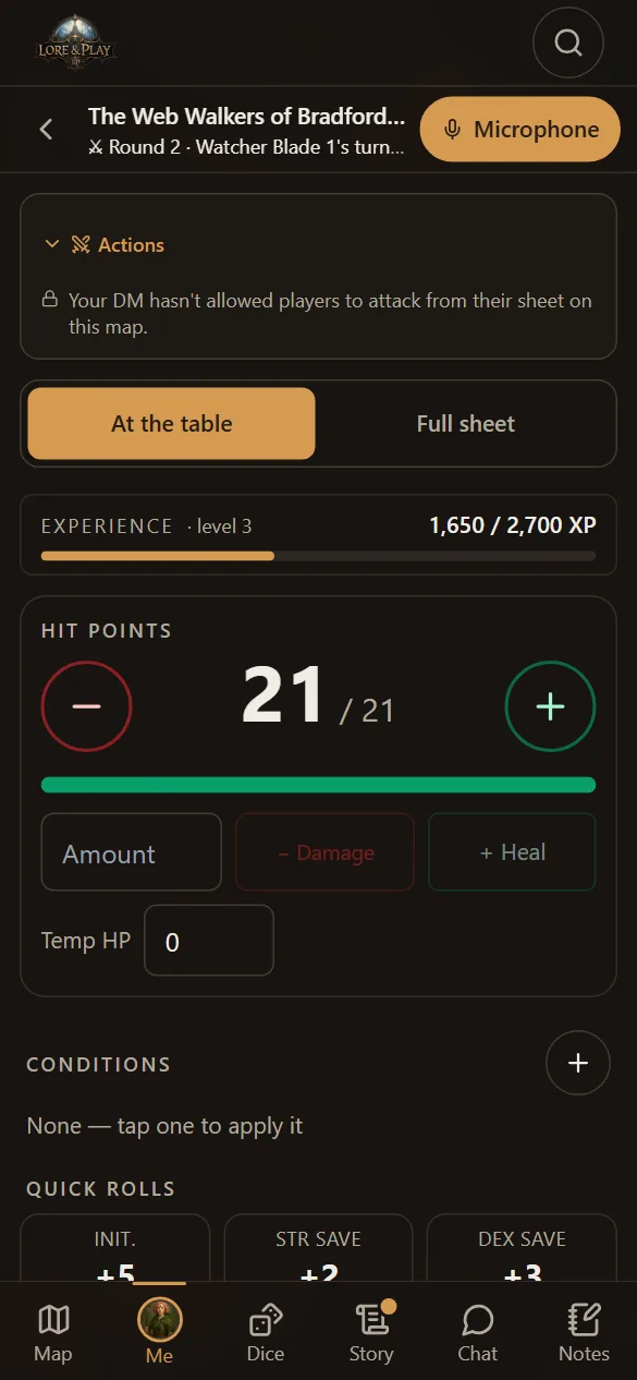 The Me tab, At the table: Ioanna's XP (1,650 / 2,700), her HP with big buttons for damage and healing, conditions and quick rolls.